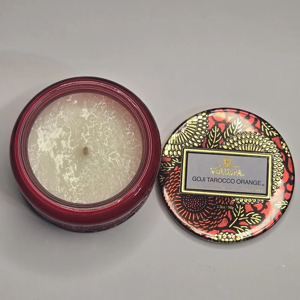 Voluspa Goji Tarocco Orange Candle 3.2oz Japonica Red Glass Jar Limited Edition